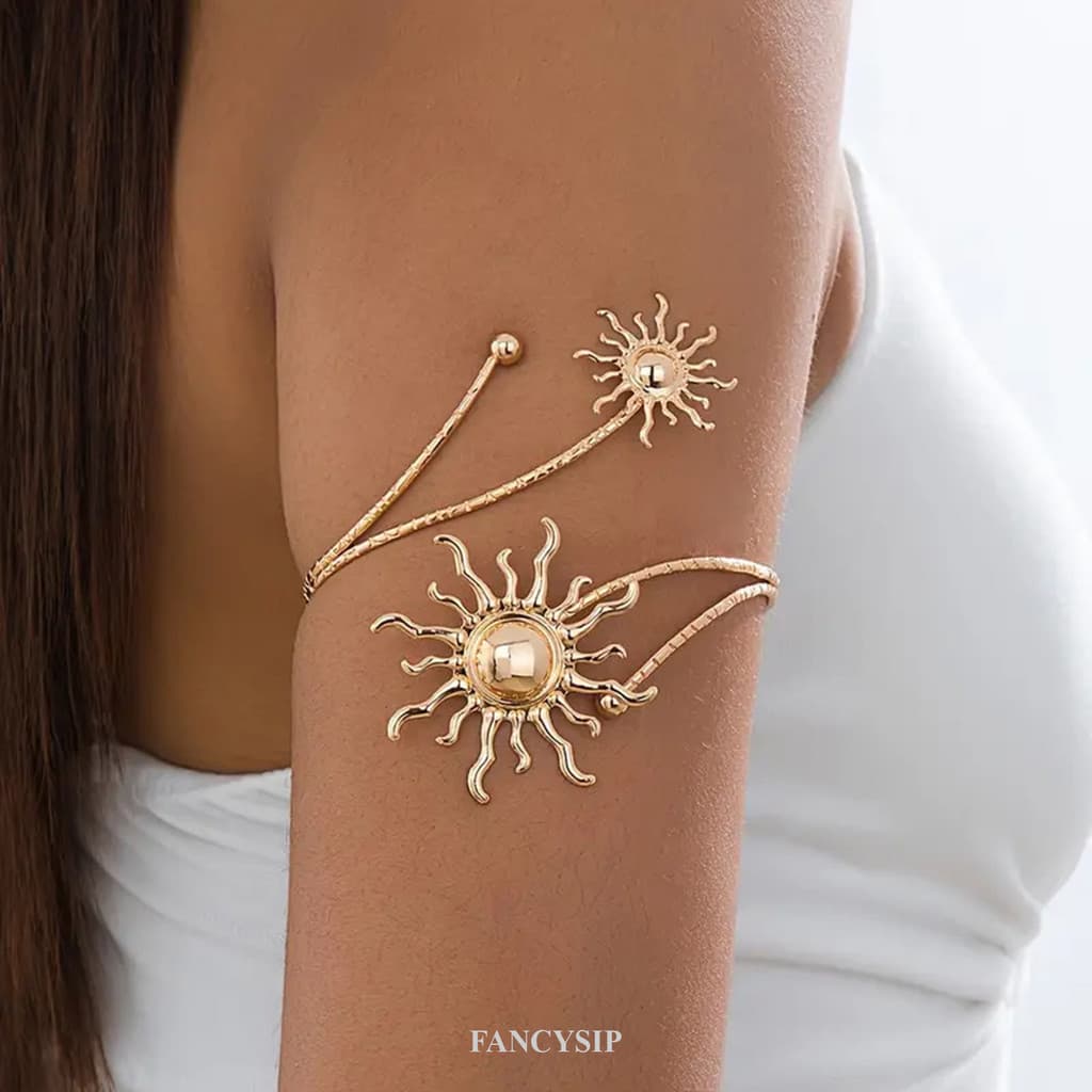 Pulseira Elegante Feminina Dourada - Bracelete com Padrão Simples de Raios de Sol, Adequada para Uso Diário e em Festas.