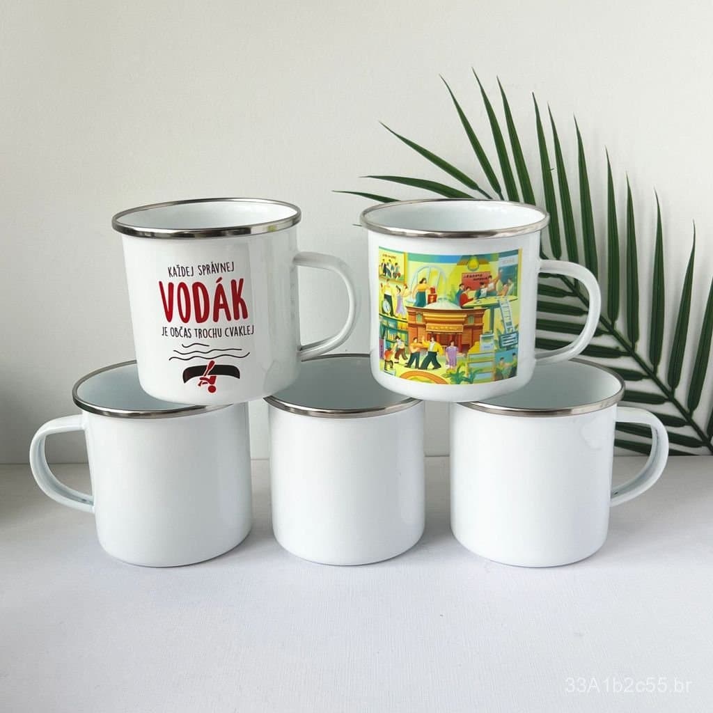Caneca Esmaltada para Transferência Térmica, Cerâmica Boshan com Borda de Aço Inoxidável, Caneca Vintage Branca para Sub