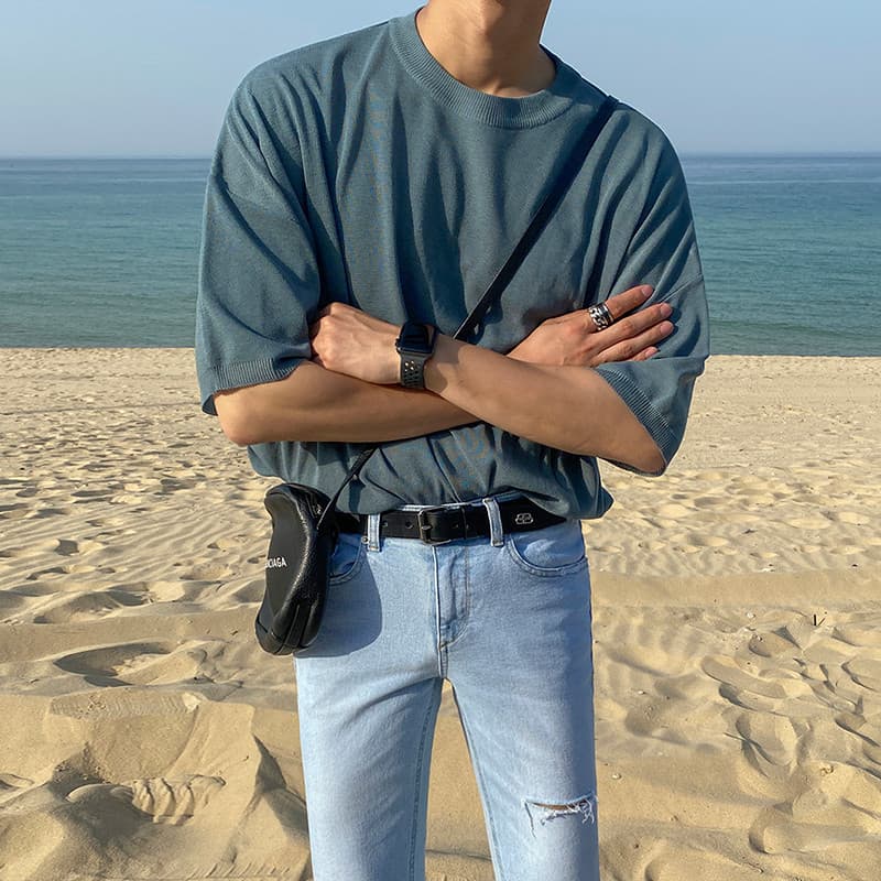MRCYC Verão Novo Estilo Coreano Solto Masculino Em Torno Do Pescoço De Malha De Manga Curta Ombro Caído Casual Camiseta