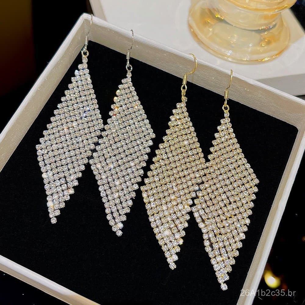 Brincos Geométricos de Luxo com Diamantes Brilhantes para Mulheres, Brincos Longos de Alta Qualidade com Design Exagerad