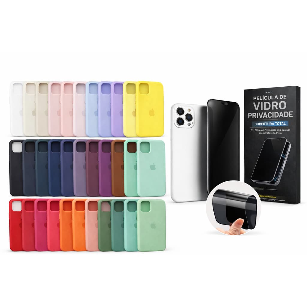 Kit 2em1 Capa Silicone Colorida iPhone X XR XS 11 12 13 14 15 16 17 Pro Max + Película Cerâmica Privacidade 3D | Premium