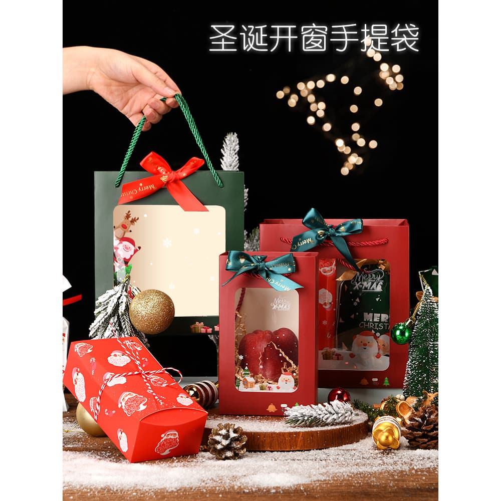 Embalagem de presente de natal caixa portátil doces biscoito maçã pequeno presente janela transparente saco de papel por