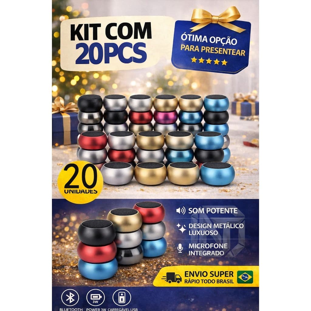 Kit 20 Caixas de Som Bluetooth M3 TWS 3W Metálicas Portáteis Potentes Bateria Longa Duração À Prova D'água
