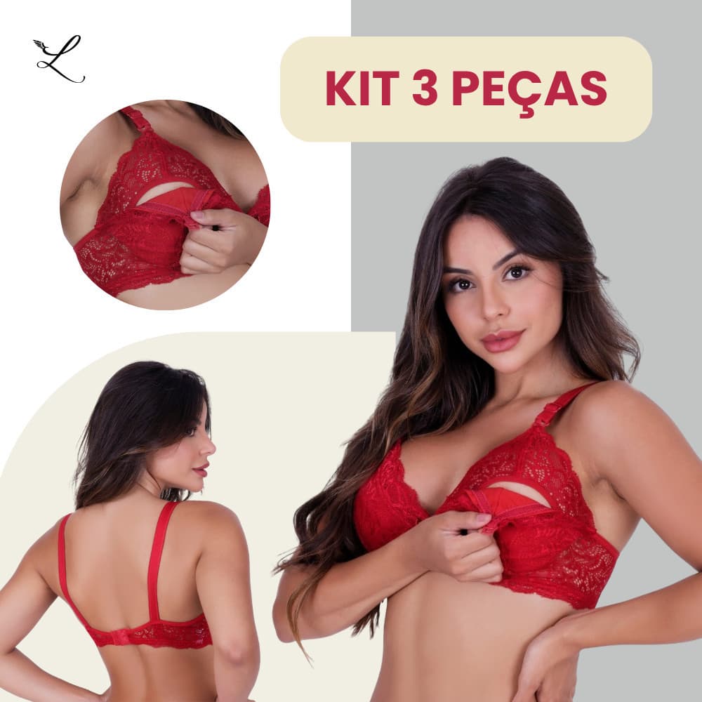 Kit 3 Sutiãs Amamentação Renda Conforto Sem Bojo Alças Largas Pós-Parto- Frete Grátis