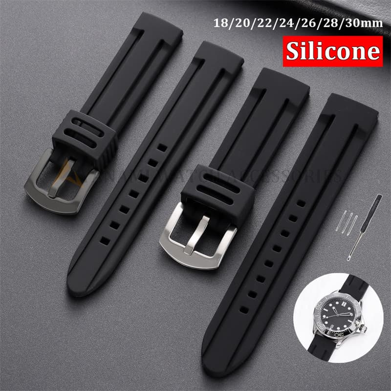 Pulseira De Relógio De Silicone Universal 18mm 20mm 22mm 24mm 26mm 28mm 30mm Extremidade Plana Borracha Preta Macia Mulh