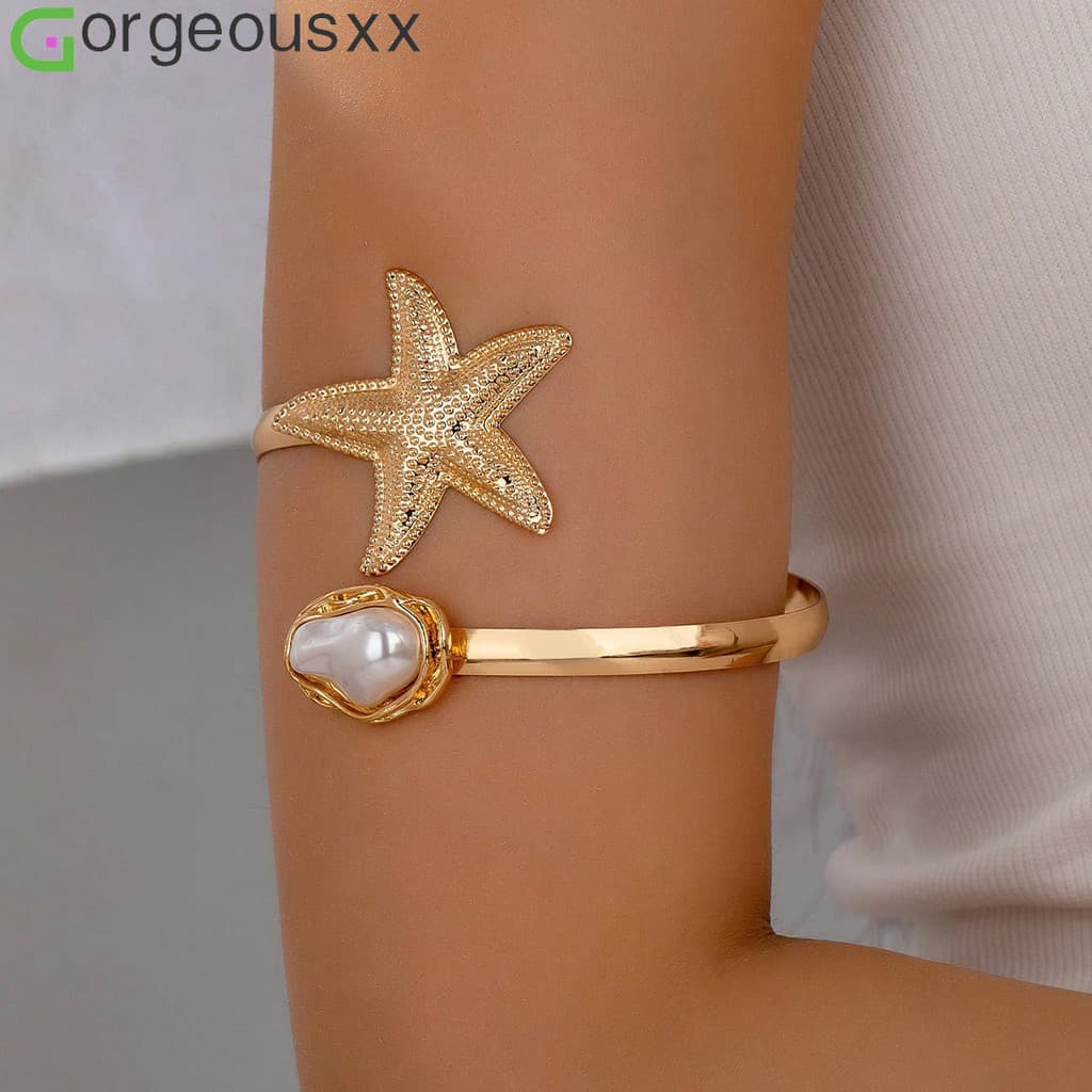 [Gorgeousxx] Braçadeira De Abertura De Pérola Irregular Estilo Praia Boêmia Estrela Do Mar Para Mulheres Joias Vintage