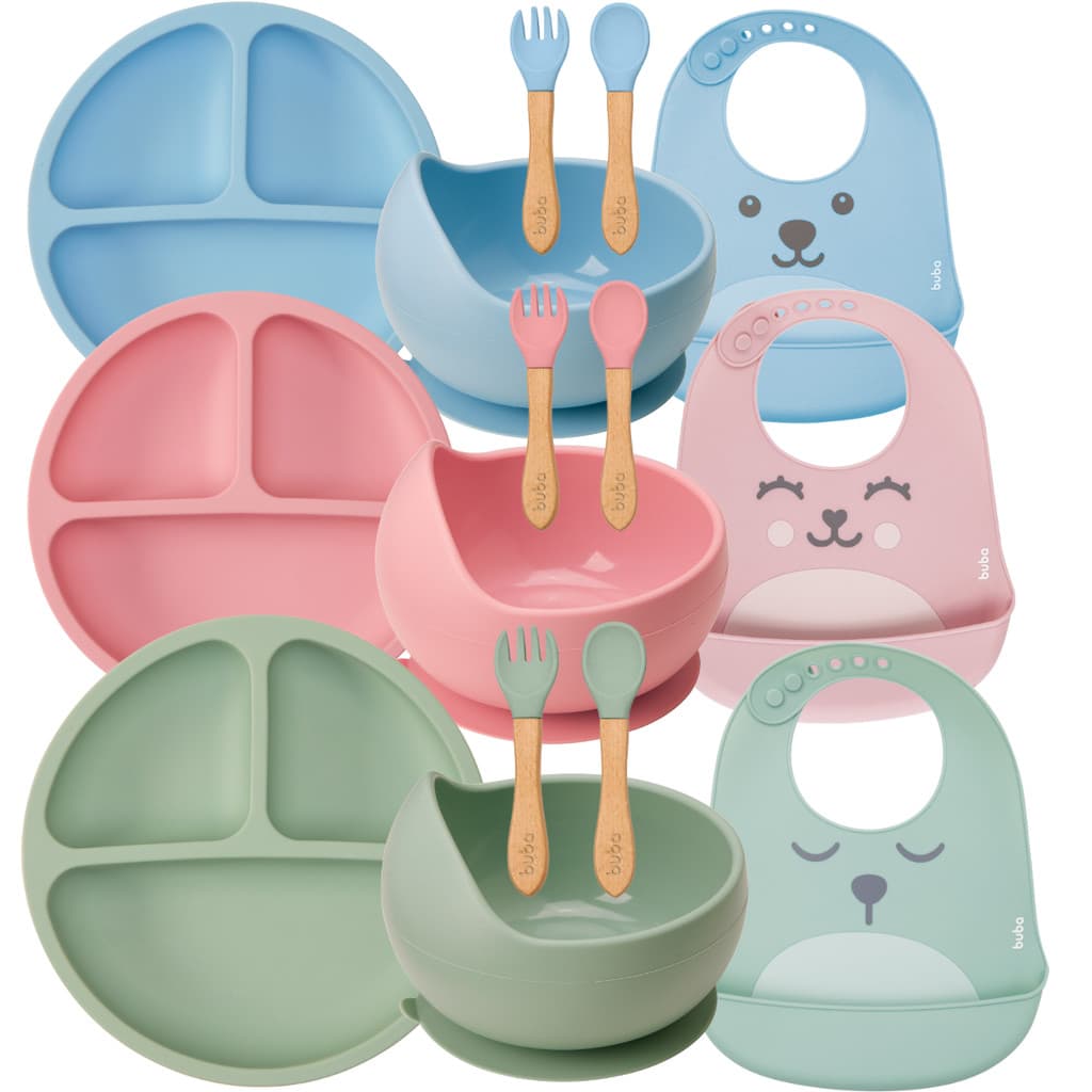 Kit Buba Introdução Alimentar Silicone Prato Ventosa Babador Pega Migalha Colher Silicone Bambu Gumy
