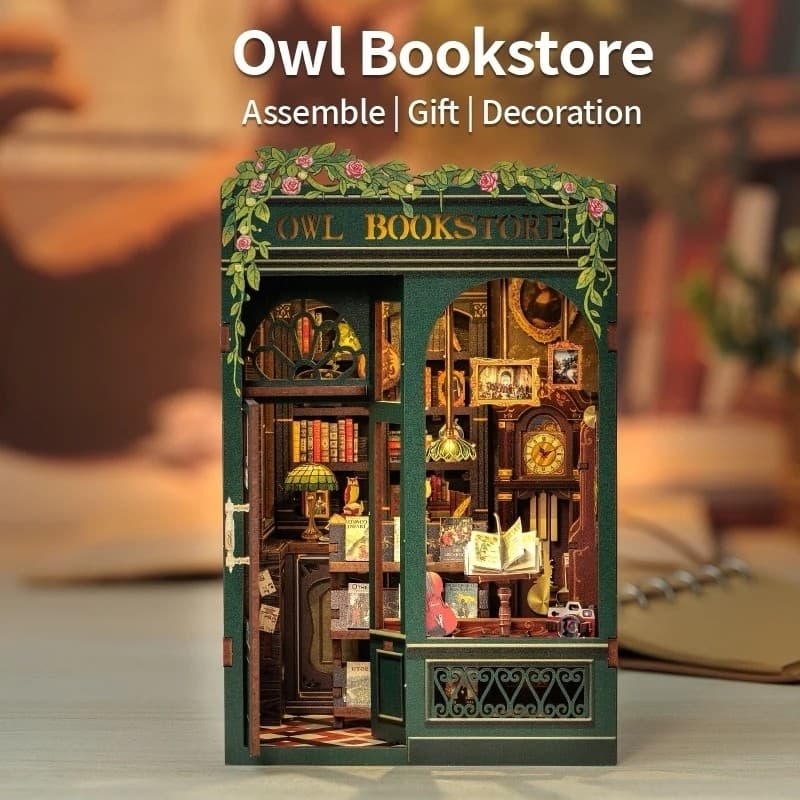 OWL BookStore DIY Nook Book Casa de Bonecas Retro Estilo Miniatura Brinquedos de Natal Quebra-Cabeça 3D