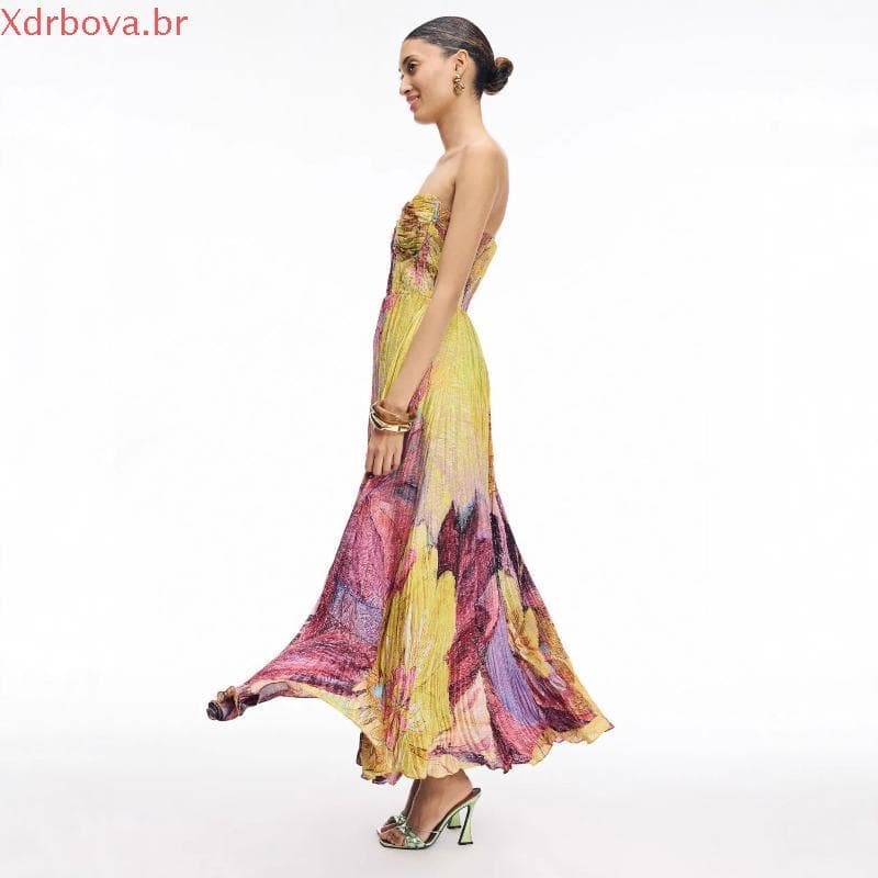 Vestido de Noite Floral Elegante Europeu e Americano com Cintura Ajustada e Sem Alças