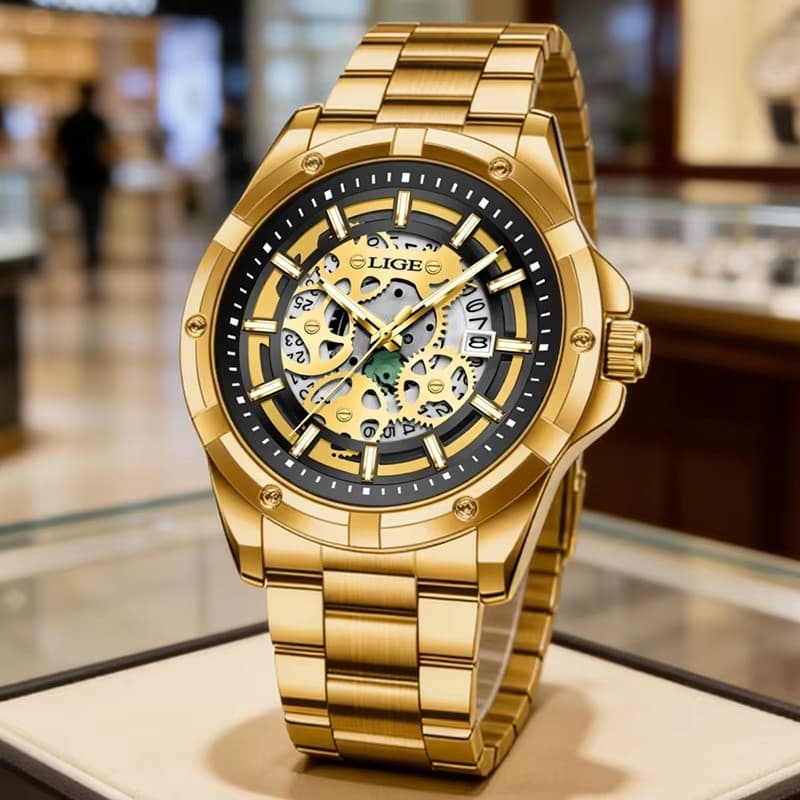 LIGE Fashion Watch Mecânico Quartzo Inoxidável Antiferrugem À Prova D'água Ouro Vintage Relógio De Pulso Automático