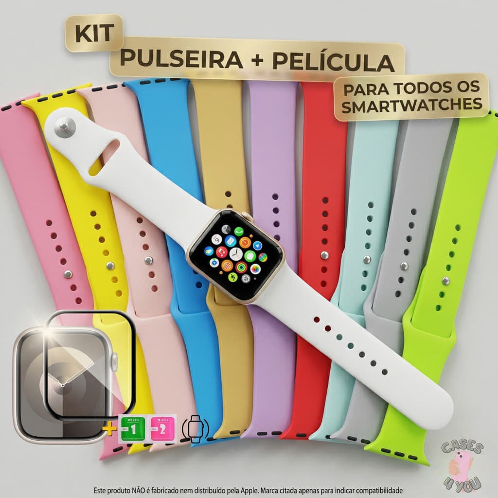 Kit Pulseira de Silicone Lisa + Película Gel para Smartwach Apple Watch IWO 38mm 40mm 42mm 44mm 49mm