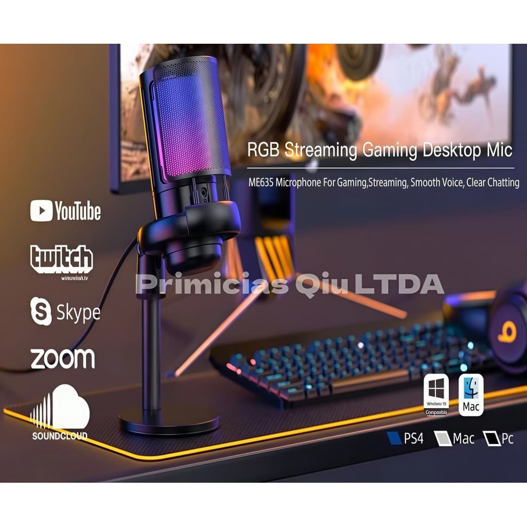 Microfone Gamer RGB Streaming PC e Console Shock Mount e Pop Filter Áudio de Alta Qualidade DKL