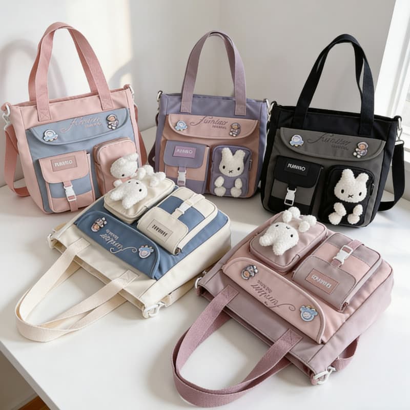 Bolsa Feminina Cute Coelho Nylon Resistente | Bolsa Escolar Tote Ombro Multicor - Ideal para Estudantes