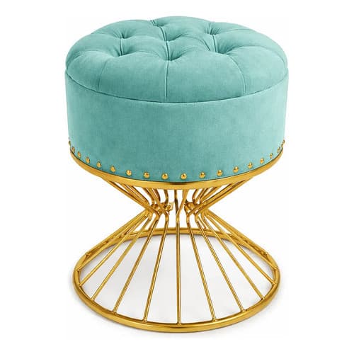 Puff Luxo Piramide  Veludo Capitonê  Base Ferro Dourado - Verde