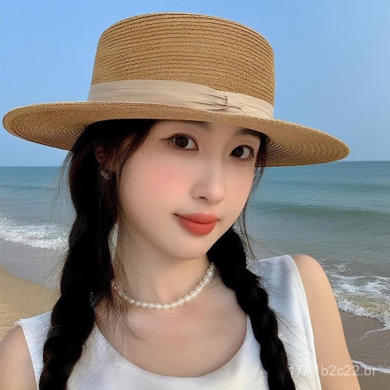 Chapéu de palha de estilo delicado com topo reto, fedora feminina de verão com aba larga, chapéu de proteção solar, chap