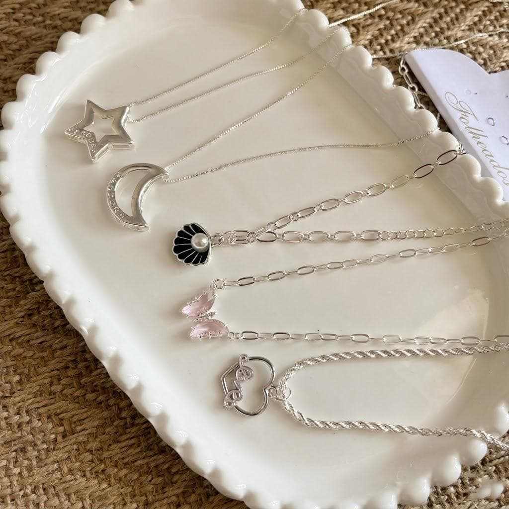 Colar Prata Feminino Pingente Coração Estrela Borboleta Estilo Coreano Gargantilha Tendência Bijuteria de Qualidade