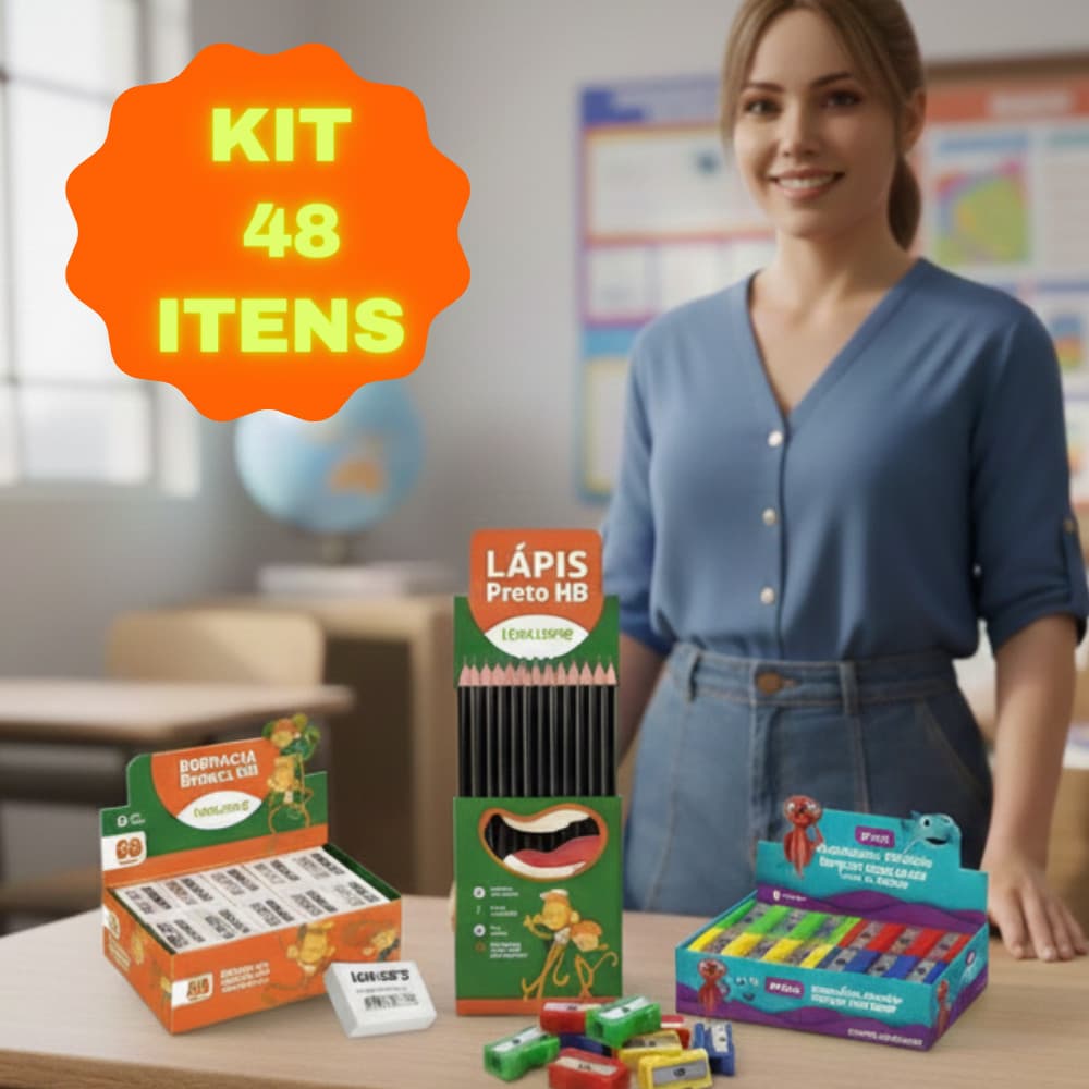 Kit Escolar Completo com 48 Itens: Lápis, Borrachas e Apontadores - Tudo que Você Precisa para o Ano Letivo