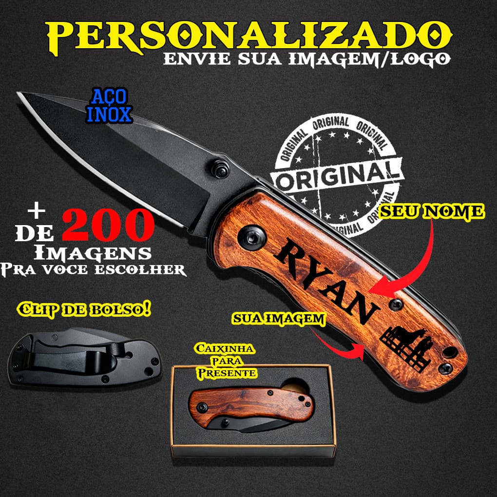 Canivete de bolso Personalizado Madeira wood Clip Presilha Inox Seu Nome Desenho Imagem Agro Envio
