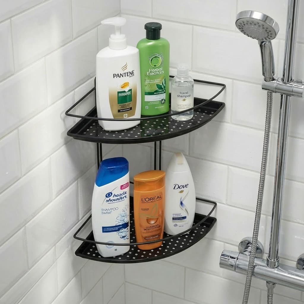 Porta Shampoo de Canto Duplo Box Banheiro 2 Prateleiras Aramado Preto Resistente Suporte Shampoo