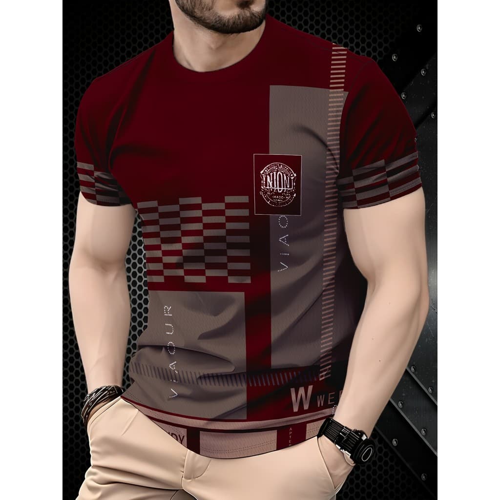 Camiseta Casual Masculina | Padrão Xadrez , Gola Redonda , Manga Curta , Ajuste Regular , Todas As Estações ,-Marrom