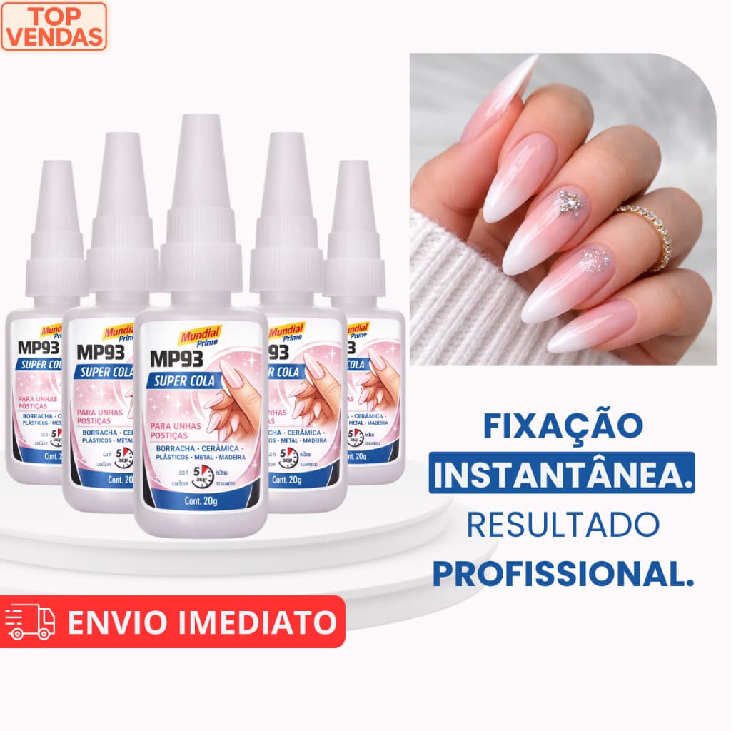 Kit Cola Instantânea 20g Unha Postiça Fibra e Pedrarias Bico Fino Fácil Aplicação Uso Geral Mundial Prime