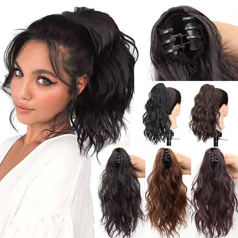 Peruca sintética curta e ondulada com rabo de cavalo de encaixe, preta/dourada, para mulheres.