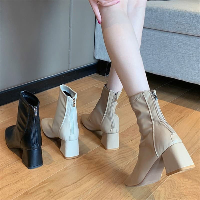 Salto grosso mais veludo dedo do pé quadrado feminino primavera outono meados de salto único botas novo estilo All-Match