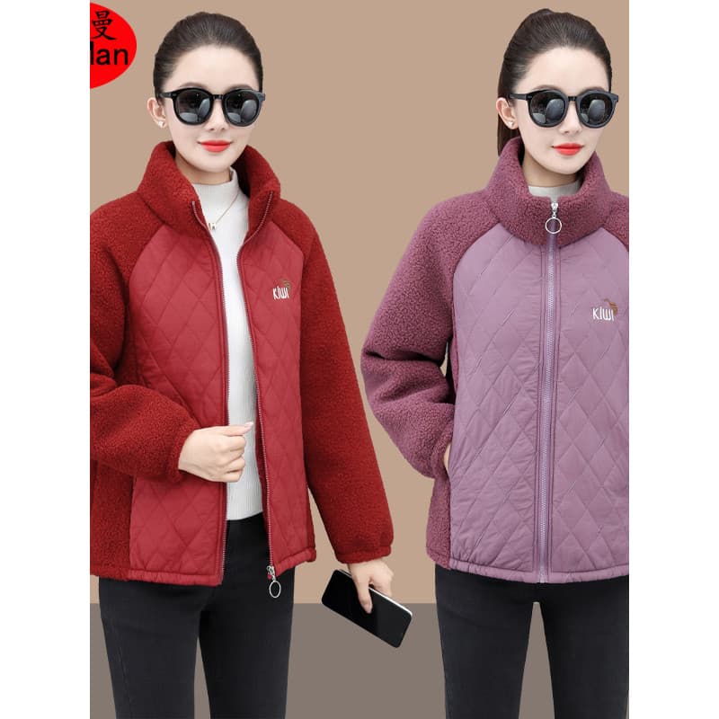 Estilo ocidental mãe usar inverno forro de lã engrossado jaqueta solta costura cordeiro velo algodão acolchoado jaqueta