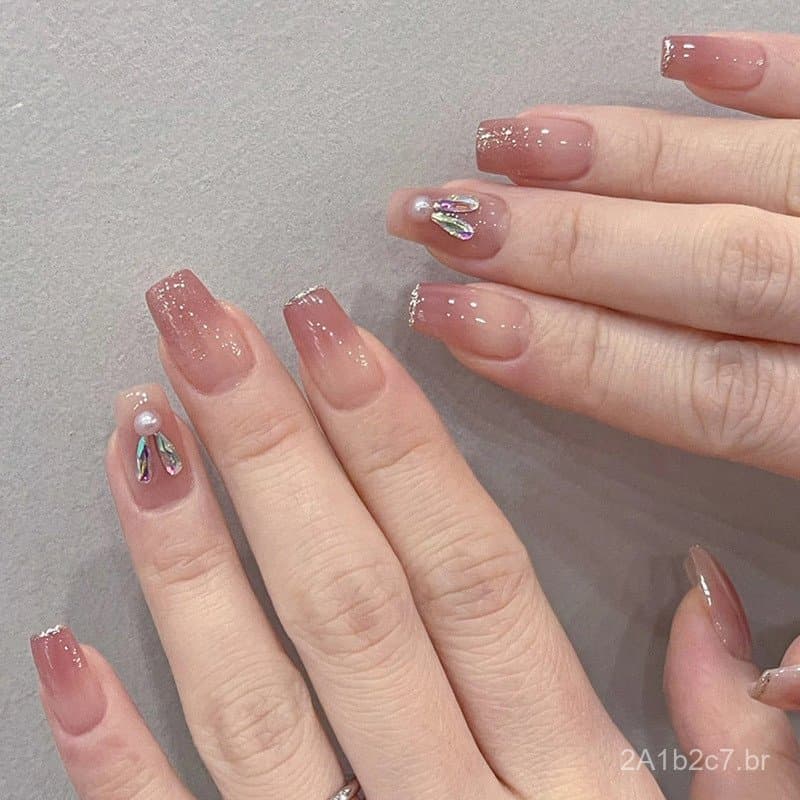 Unhas postiças fofas com glitter em degradê, estilo francês, com pérolas e diamantes, tema coelho, para o ano novo, esti
