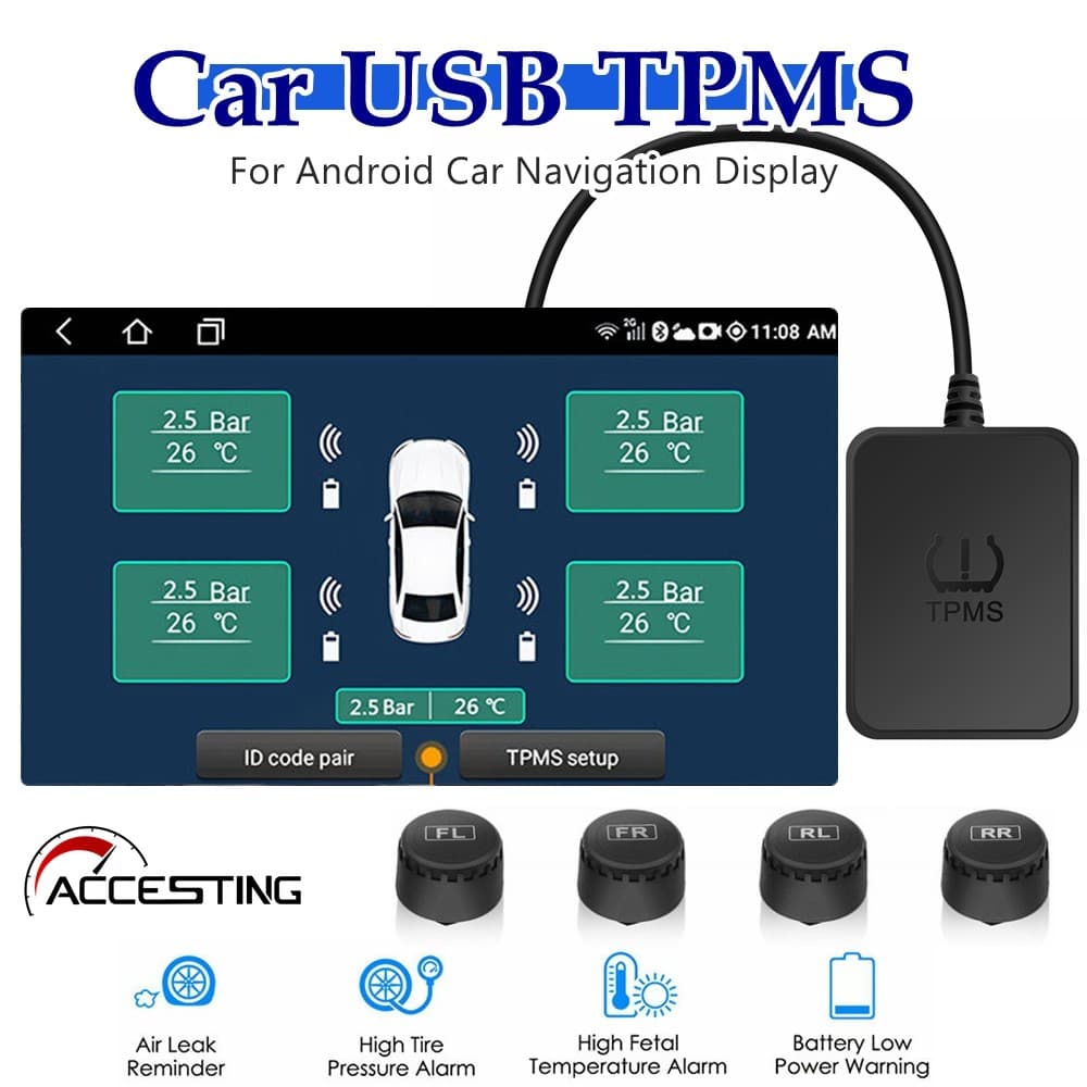 Sistema De Monitoramento De Pressão Dos Pneus Android TPMS Para Navegação Com 4 Sensores Externos USB Caminhões , Campis