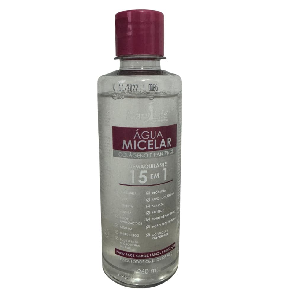 Água Micelar Mary Life 260ml Colágeno e Pantenol Demaquilante Limpeza Facial Hidratante.