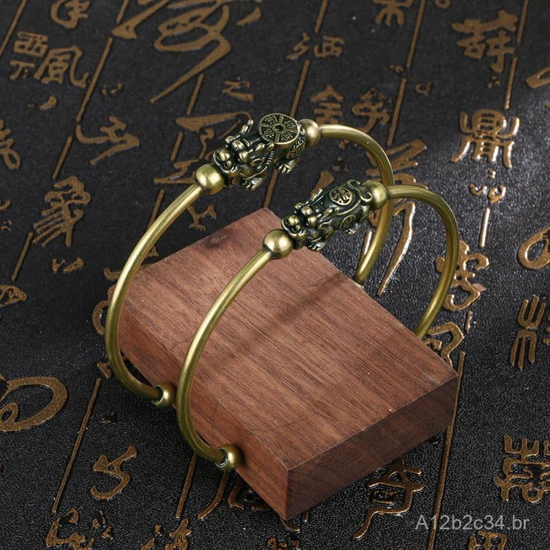 Pulseira Pixiu de latão antigo maciço para homens e mulheres, joia de pulso vintage, amuleto auspicioso para riqueza e p