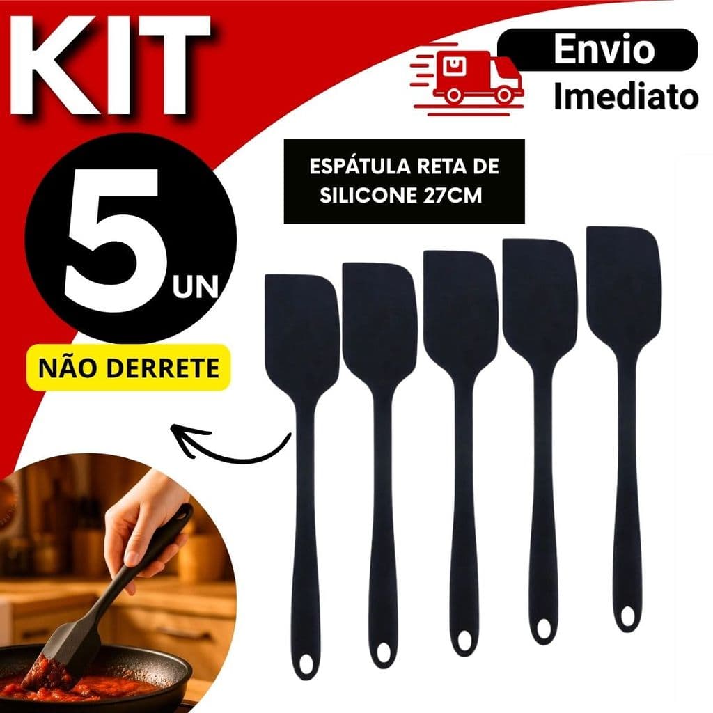 Espátula de Silicone 27cm Reta Kit  5 OU 1 Unidades Resistente Alta Temperatura Cozinha