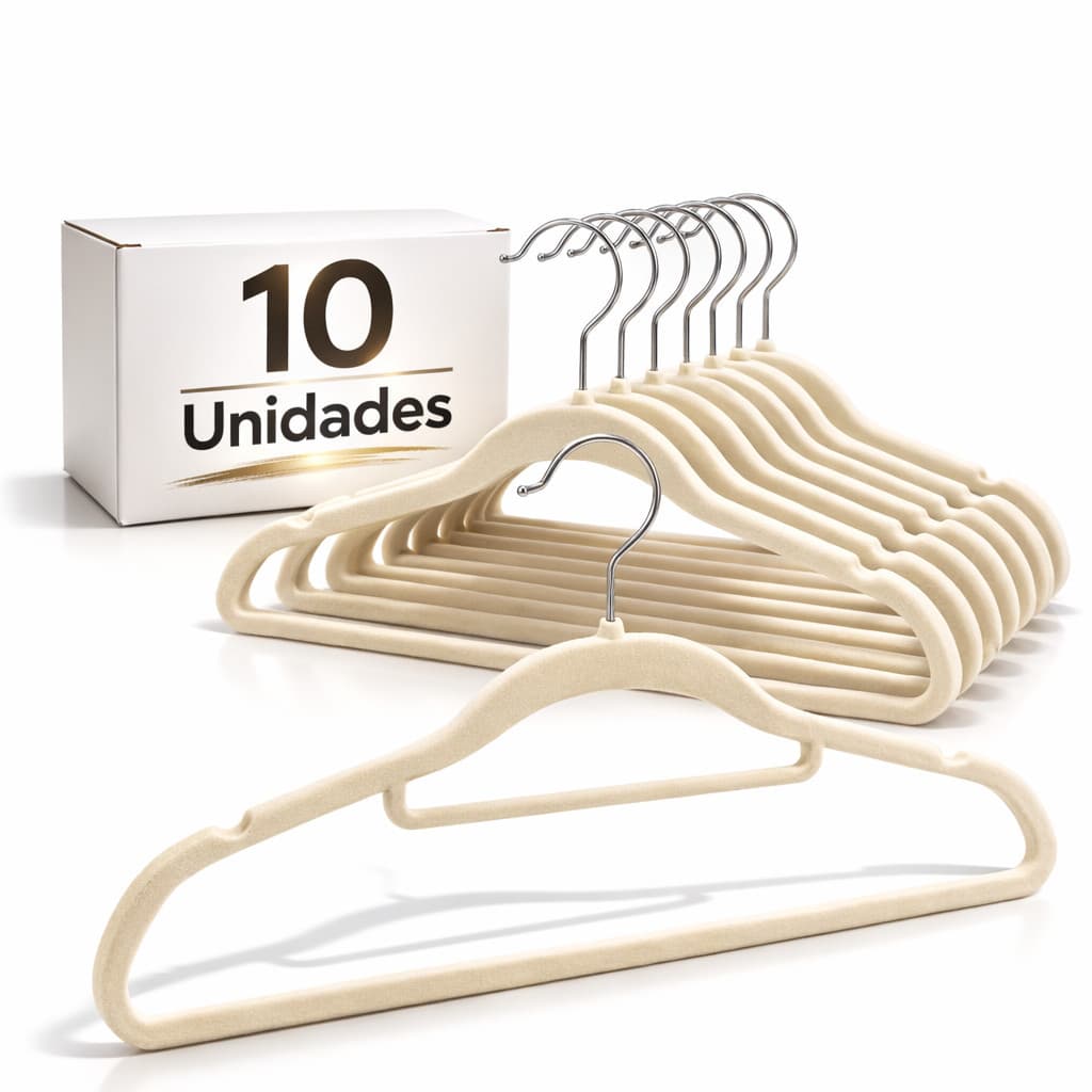Cabide de Veludo Slim Kit 10 Unidades com Gravateiro 42cm - Bege