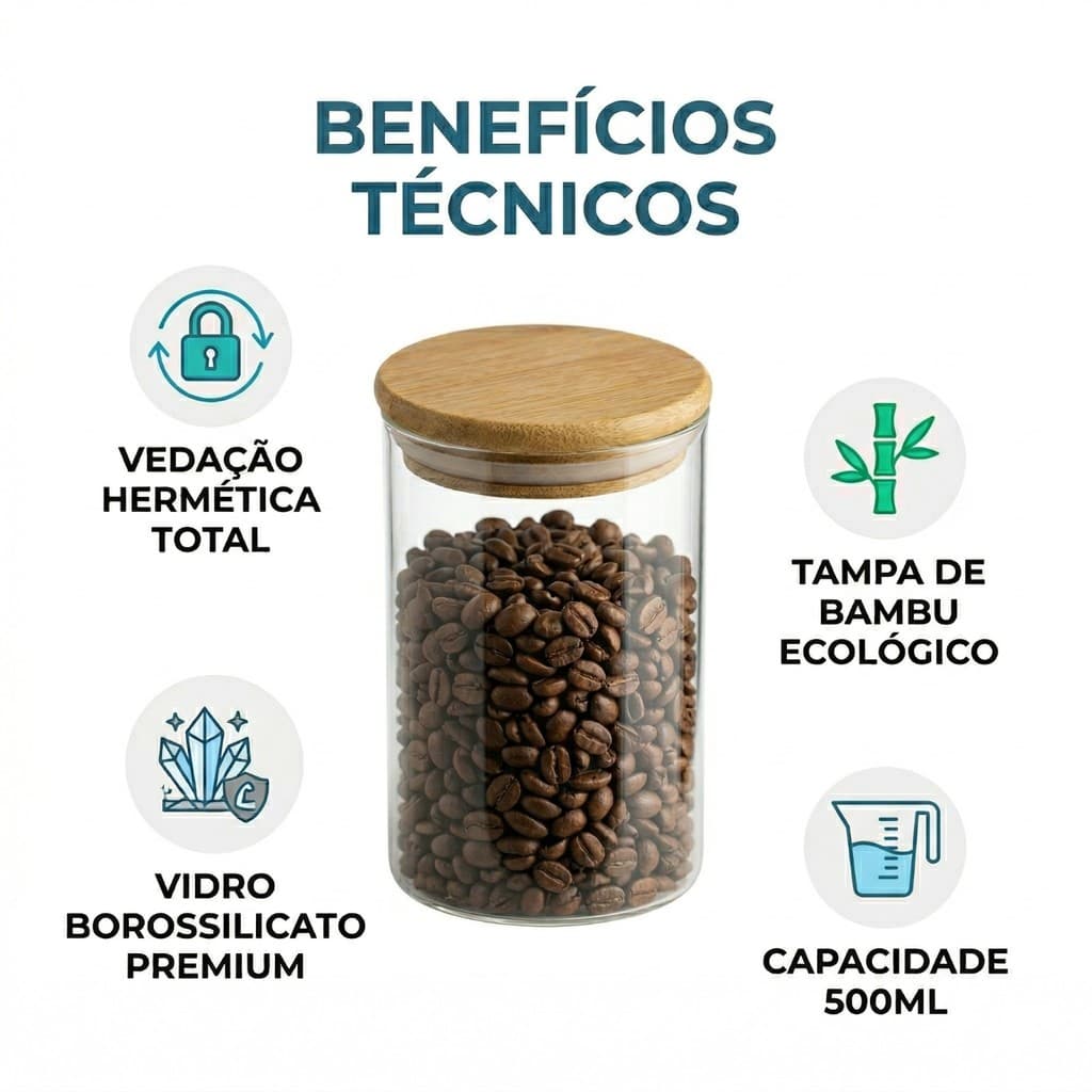 Pote Hermético de Vidro Para Alimentos 500ml C/ Tampa em Bambu