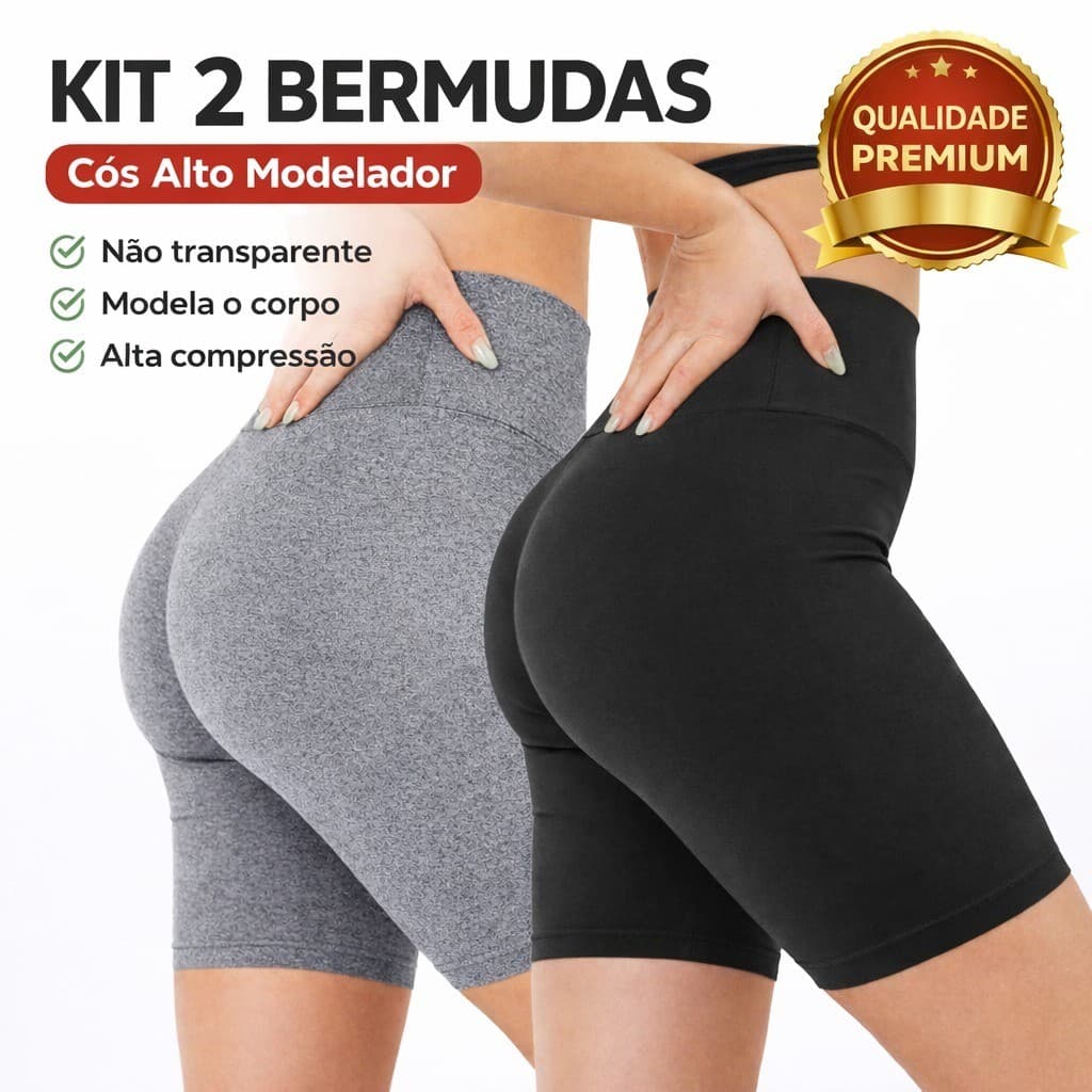 Kit 2 Bermuda ciclista Fitness Cós Alto Academia Não Transparente Preta e Mescla P M G GG