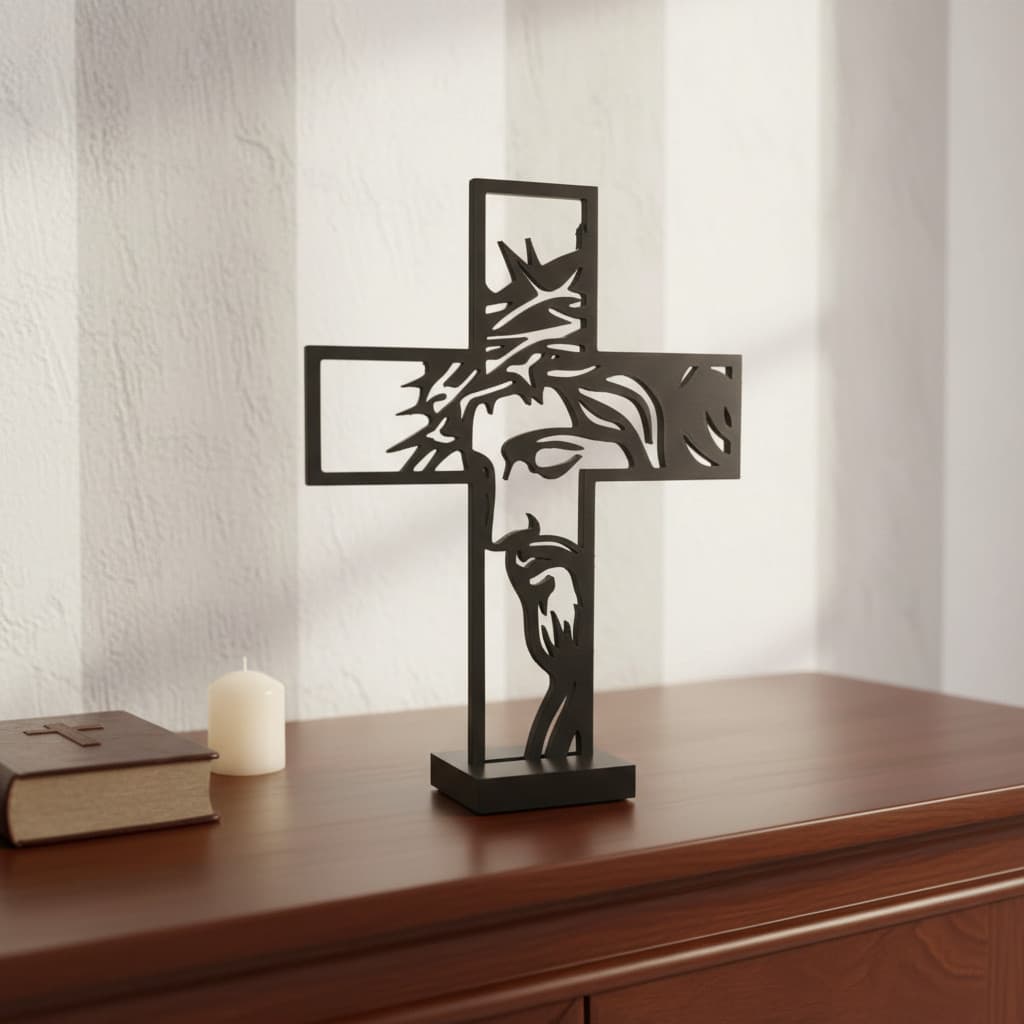 Cruz Jesus Cristo Decorativa Parede ou Mesa com Base Escultura Religiosa Minimalista