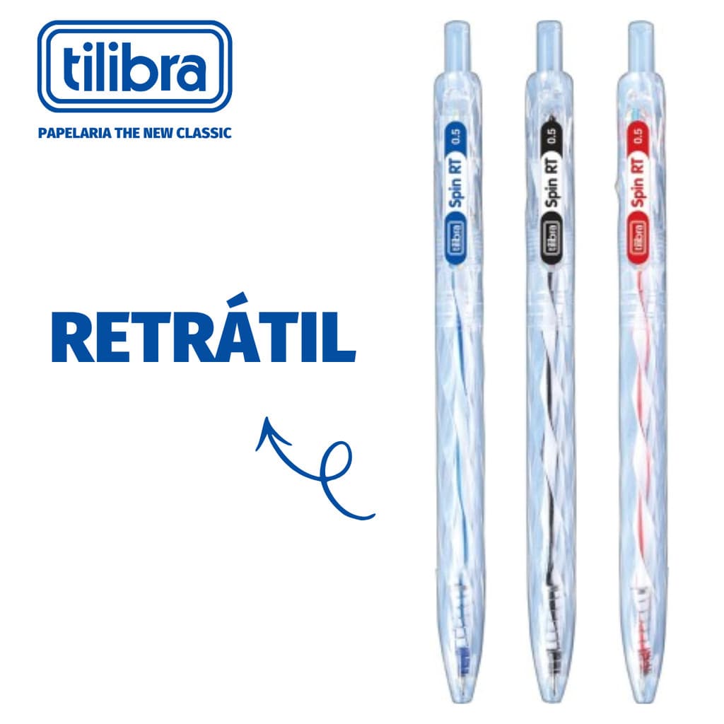 Caneta Retrátil Tilibra Spin Ponta Fina 0.5mm Corpo Transparente