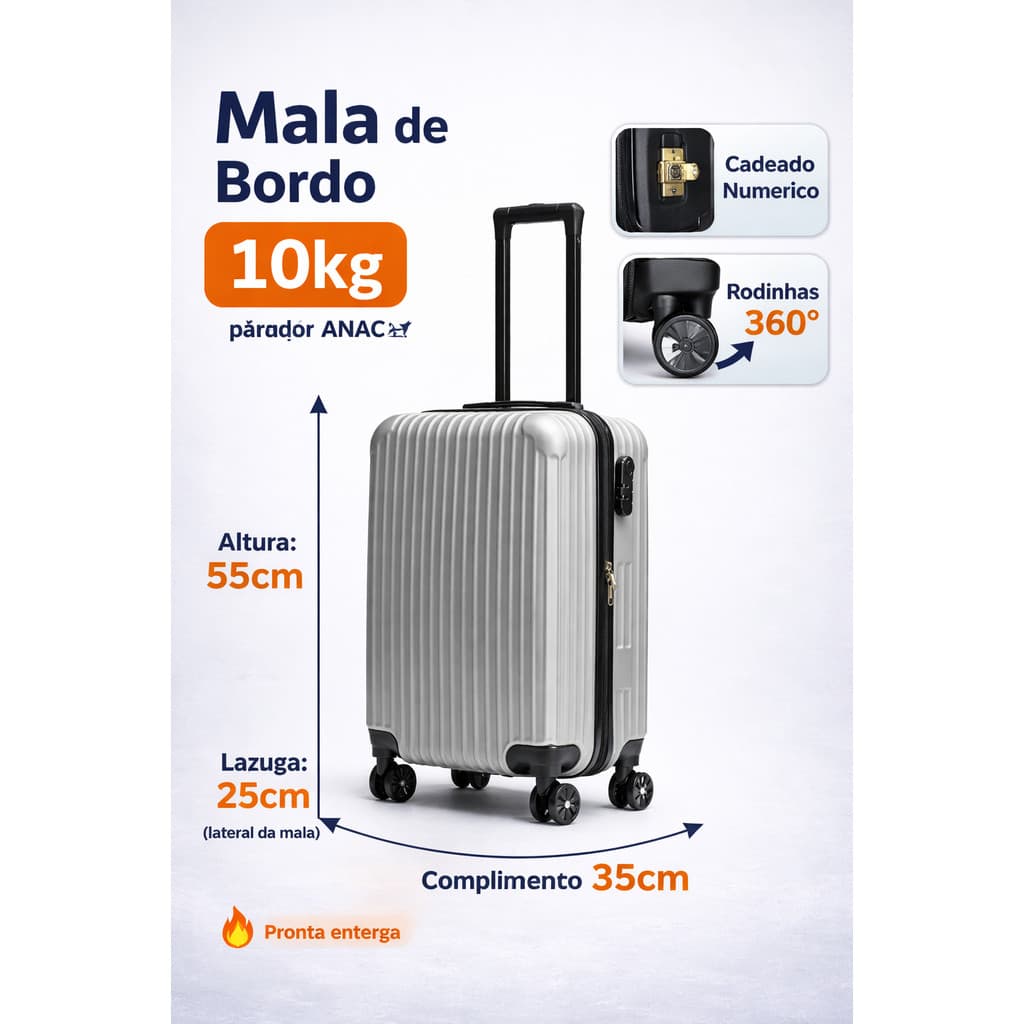 Mala de viagem 10kg pequena mala de bordo para aviao em abs rodinha reforçada padrao anac 55x25x35