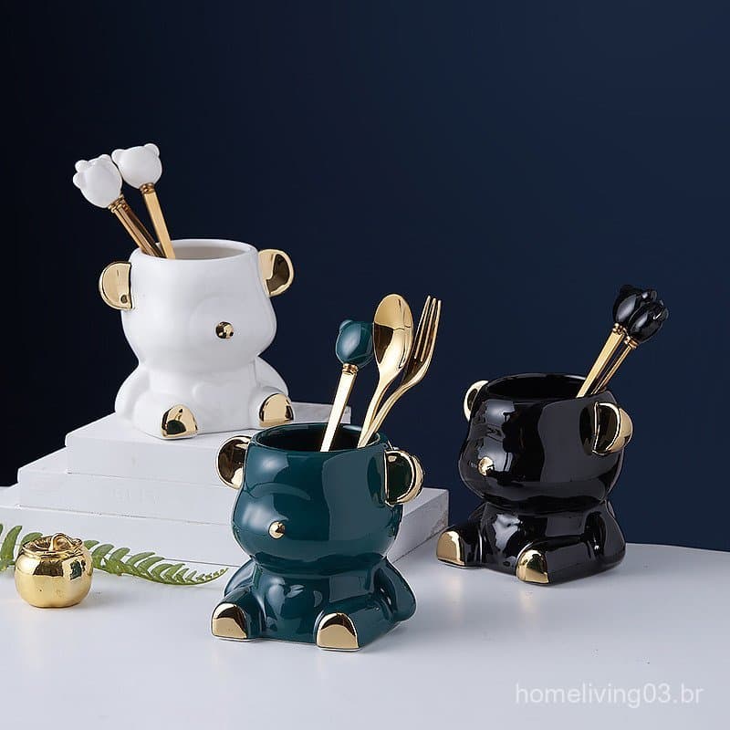 Conjunto de garfos para frutas em formato de urso com alto apelo estético, pote de armazenamento de cerâmica eletroplaqu