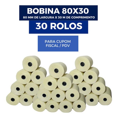 Kit 30 Rolos Bobina Termica 80x30 30m Para Impressora De Cupom Fiscal Sat Nfce Recibo Pdv 80mm 44g