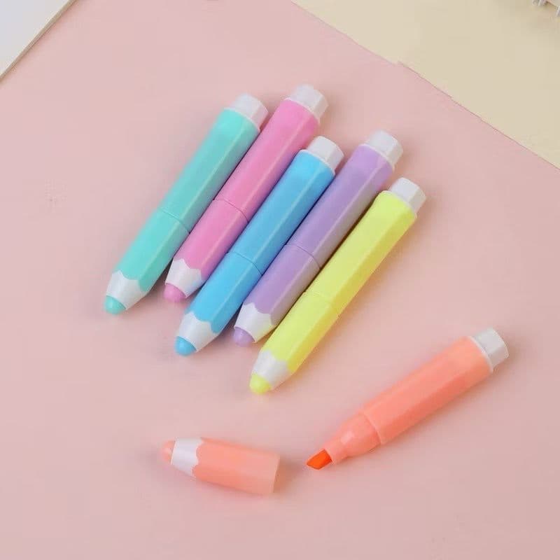 Mini Marca Texto em Formato de Lapis e com Carimbo na Ponta com 6 Unidades Marca Texto Multiuso Escolar - HE41302