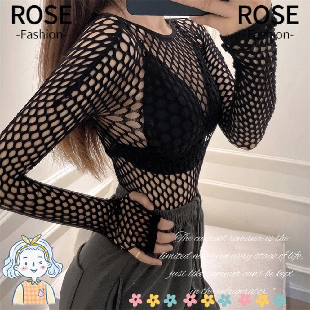 Camiseta De Malha ROSEGOODS , Top Arrastão Vazado De Material Transparente , Pulôver De Manga Comprida Com Design Fino