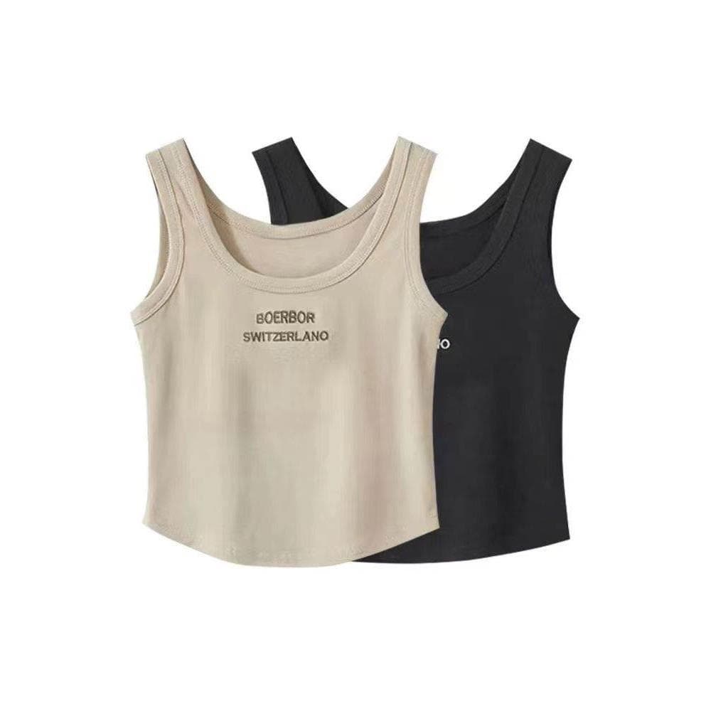 Modal bordado carta curta camisola feminina primavera verão novo estilo exterior usar fundo interno sem mangas magro-aju