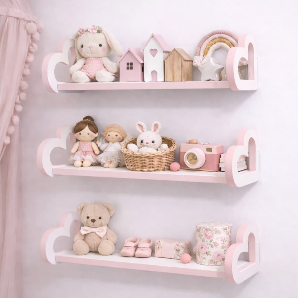 3 Prateleiras infantil coração colorida decoração bebê 60cm