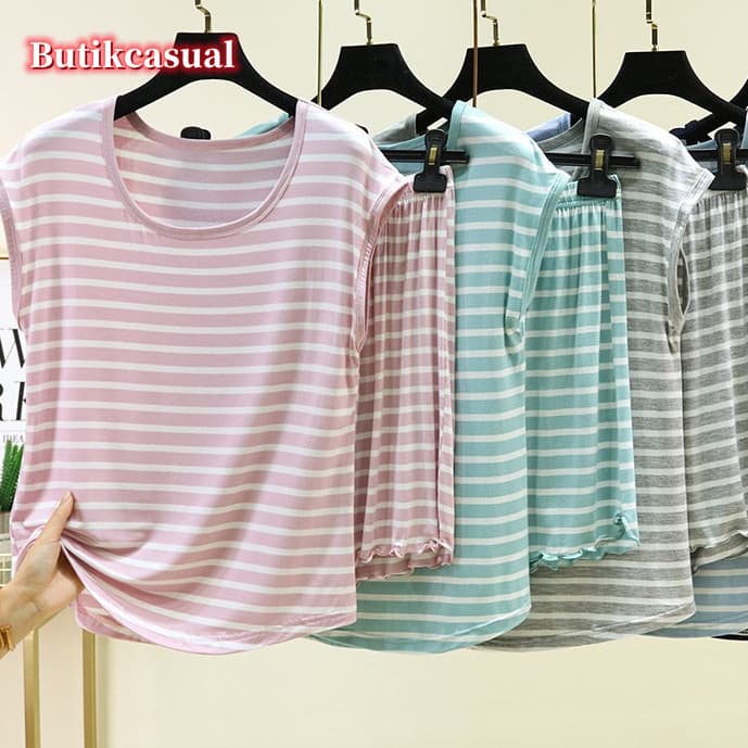 Conjunto De Pijama Listrado Modal Feminino Plus Size , Gola Redonda , Sem Mangas , Shorts Com Babados , Verão , Duas Peç