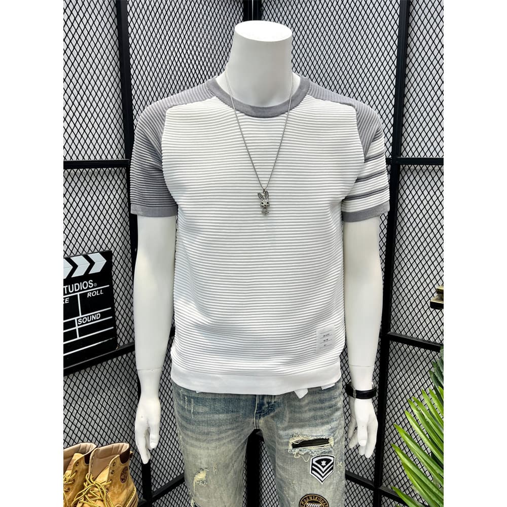 Camisola fina contraste cor camiseta masculina verão clássico quatro barras Jacquard manga curta fino ajuste manga Ragla