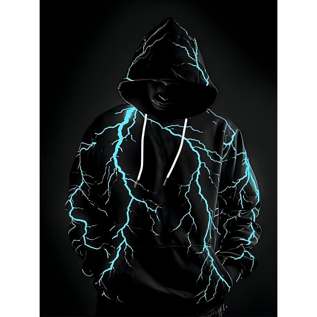 Moletom masculino moderno com capuz estampado relâmpago 3D, versão Regular, bolso elástico com cordão, muito adequado pa