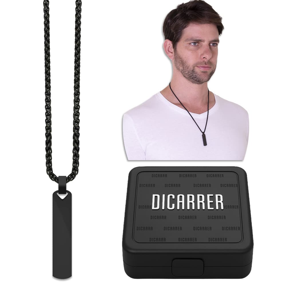 Corrente Colar Preto Pingente Barra Placa RF-44 Aço Inox