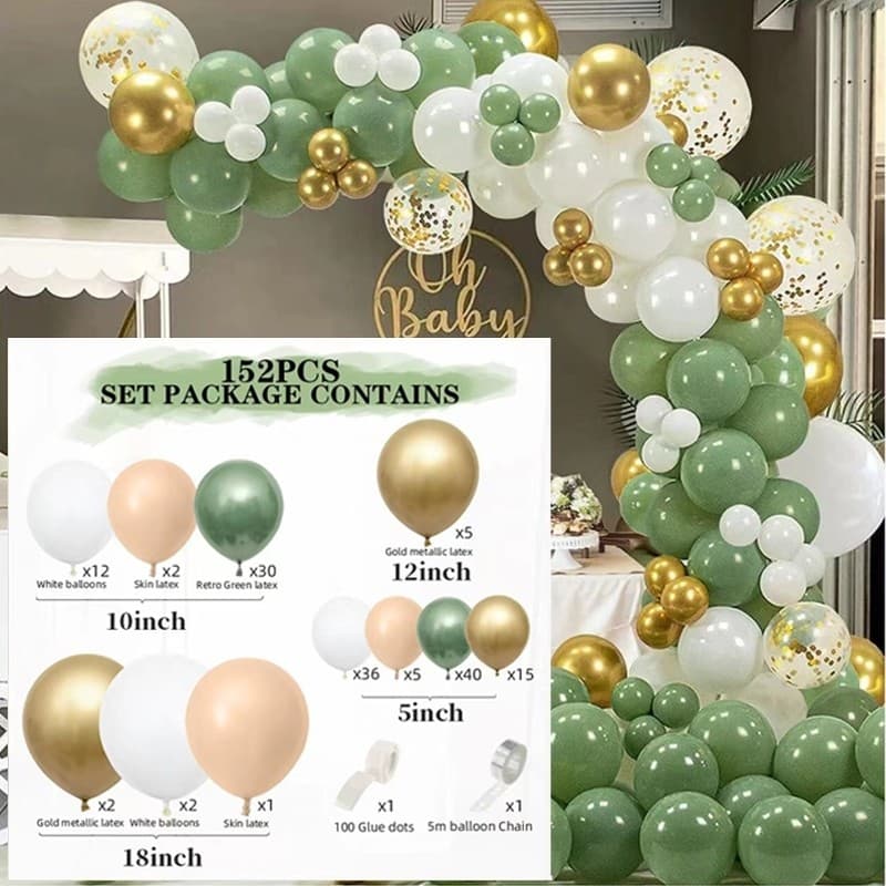 Kit 152 Balões Coloridos 18" 5pcs + Grande Dourado 12" 5pcs + 10" 44pcs + 5" 96pcs + 2 Tiras de Fita